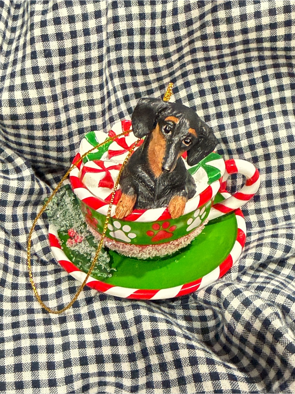 Danbury Mint Black and Brown Dachshund in Red, White and Green Teacup Ornament